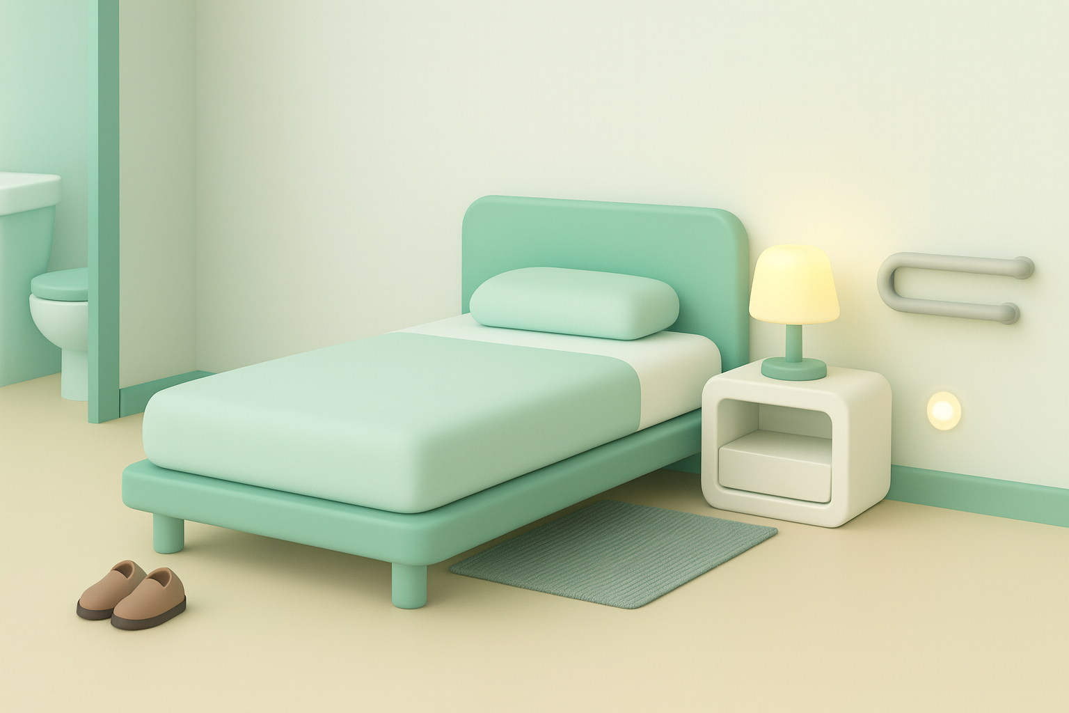 Quarto com cama na altura correta e luz de tomada