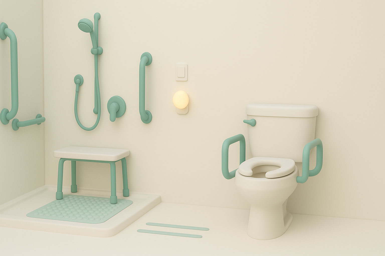 Banheiro com barras laterais e tapete antiderrapante